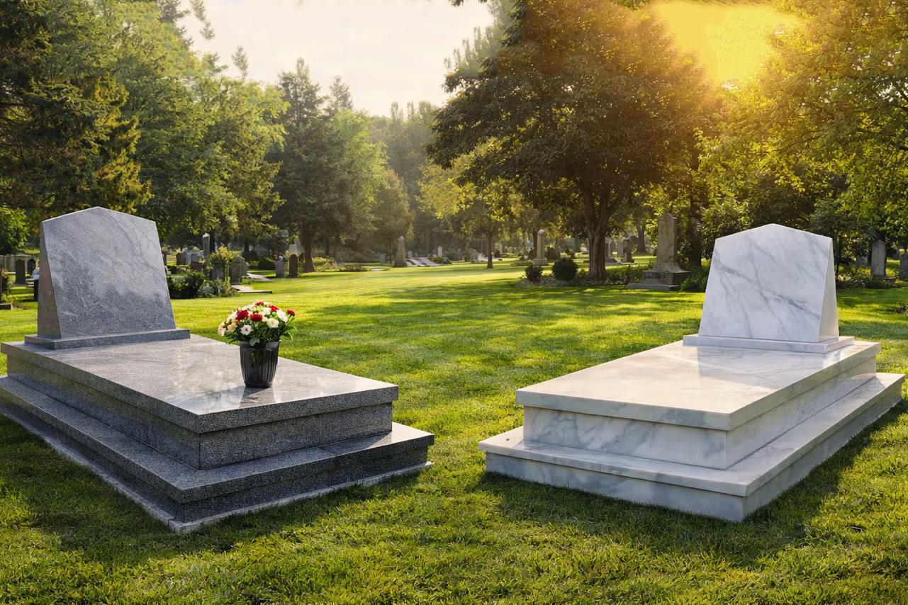 Campa em granito instalada num cemitério com árvores ao fundo, ideal para zonas húmidas ou com muita exposição solar.