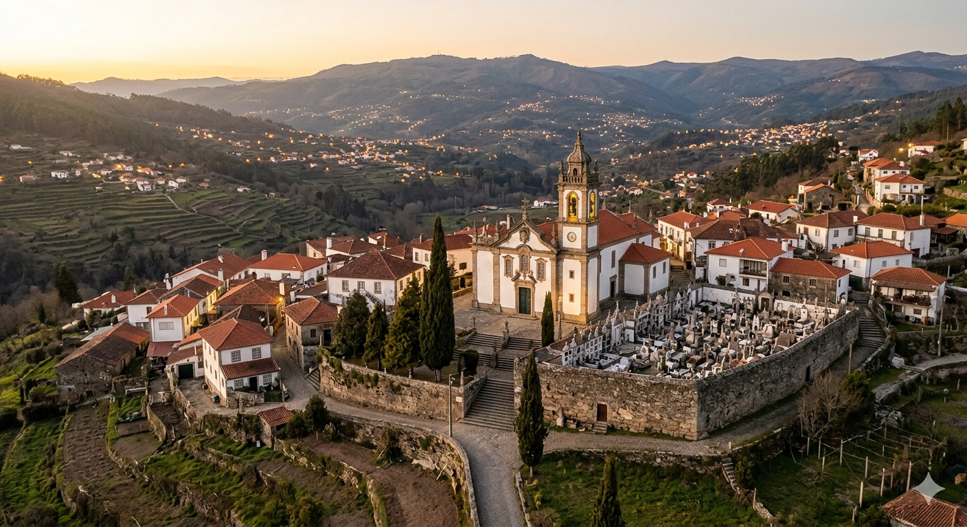 A traditional Portuguese village with its church and adjacent cemetery, in a mountainous landscape at sunset.